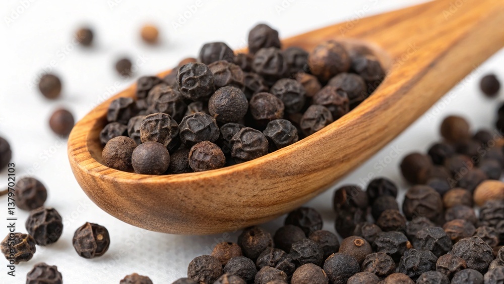 Black peppercorns in wooden scoop isolated on transparent background Generative Ai. Black peppercorns in wooden scoop isolated on transparent background Generative Ai.