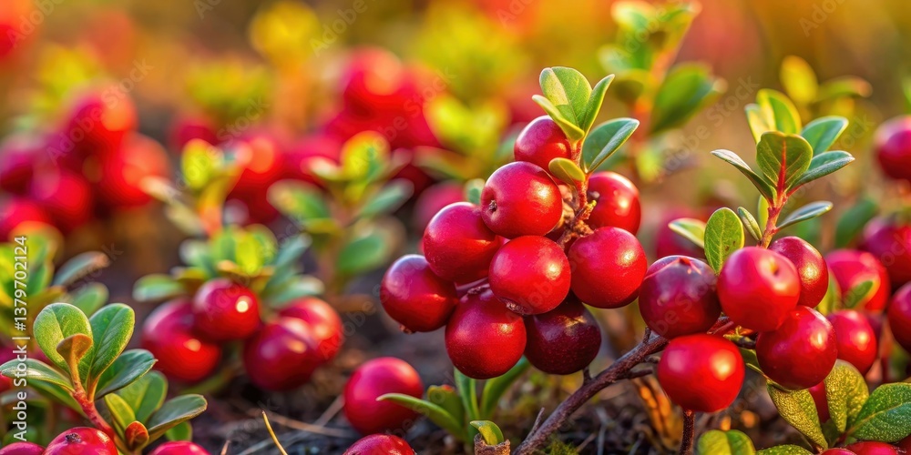 Close-up of vibrant red cowberries growing in the tundra, rustic atmosphere, vegetation, rustic atmosphere Close-up of vibrant red cowberries growing in the tundra, rustic atmosphere, vegetation, rustic atmosphere