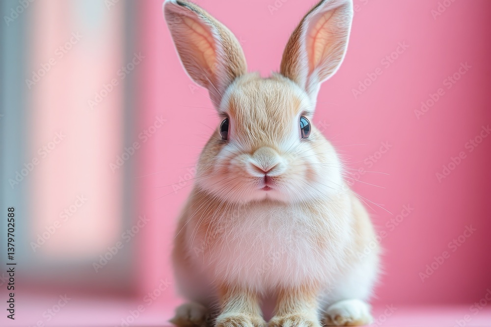 Obraz premium Cute fluffy rabbit sits calmly in a bright room with pink background during daylight hours