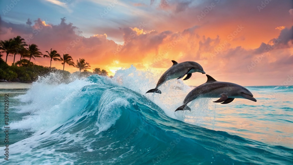 Obraz premium A playful pod of dolphins jumping through the ocean waves