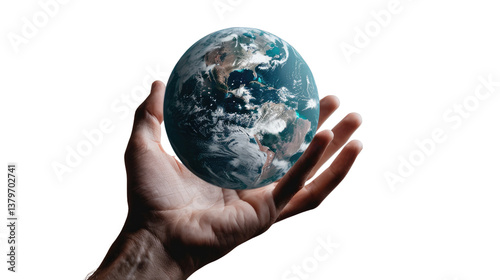 Earth in Hand: A detailed view of the earth held in a person's open hand, conveying themes of global responsibility, environmental protection, and world interconnectedness.