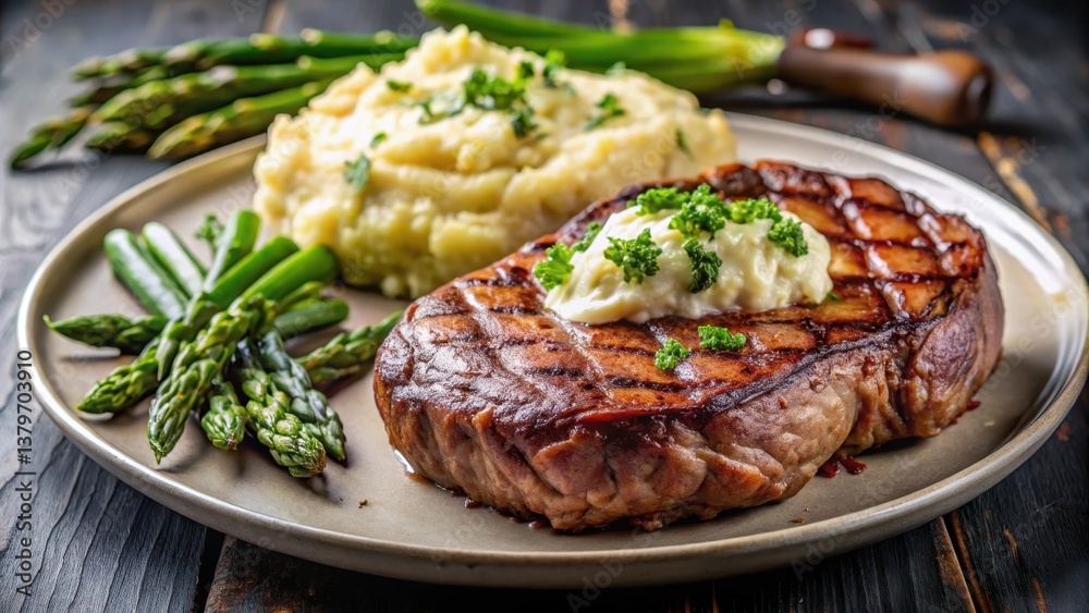 Savoring a juicy ribeye steak on a plate with grilled asparagus and creamy mashed potatoes in the background, Ribeye Steak, Grilled Asparagus Savoring a juicy ribeye steak on a plate with grilled asparagus and creamy mashed potatoes in the background, Ribeye Steak, Grilled Asparagus