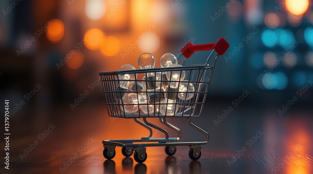 Miniature shopping cart filled with glowing incandescent light bulbs Miniature shopping cart filled with glowing incandescent light bulbs