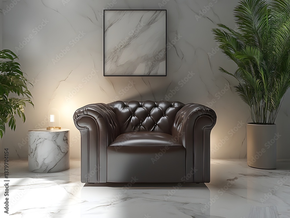 Obraz premium Luxurious Leather Chesterfield Armchair in Serene Modern Living Room Interior