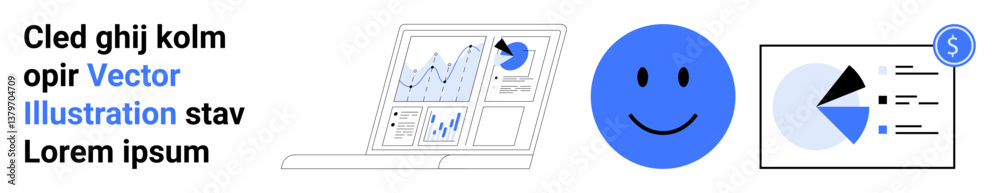 Fototapeta premium Open laptop with graphical charts, blue happy face, and pie chart in business document. Ideal for data analysis, finance, productivity, business review, presentation, strategy simple landing page
