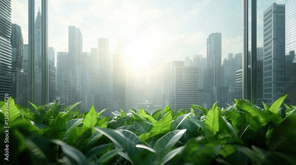 A lush foreground of green plants contrasts with a modern city skyline, bathed in soft sunlight, illustrating harmony between nature and urban life.