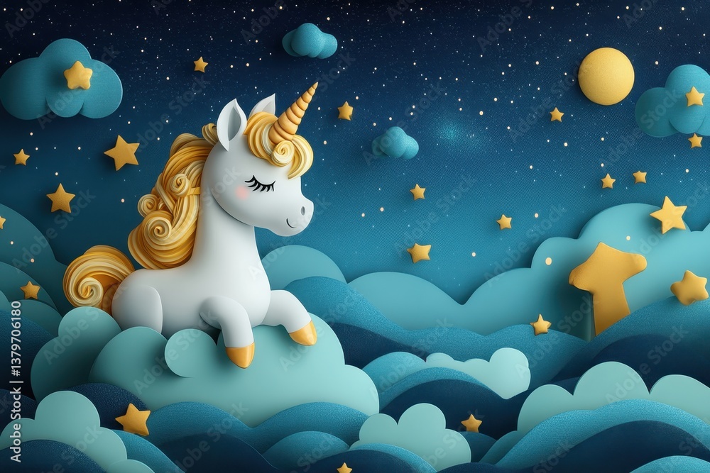Fototapeta premium Colorful paper art features a unicorn sitting on clouds under a starry night sky with golden stars and a moon above