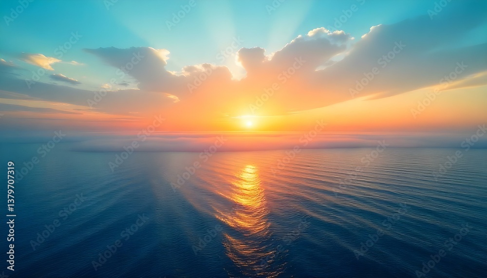 Fototapeta premium A breathtaking panoramic view captures a serene ocean at sunrise, with a color palette dominated by blues, oranges, and yellows