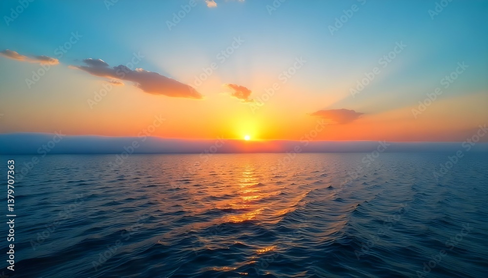 Obraz premium A breathtaking panoramic view captures a serene ocean at sunrise, with a color palette dominated by blues, oranges, and yellows