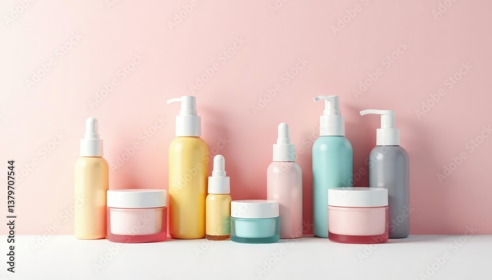 Assortment of cosmetic containers on white backdrop, display, skincare Assortment of cosmetic containers on white backdrop, display, skincare