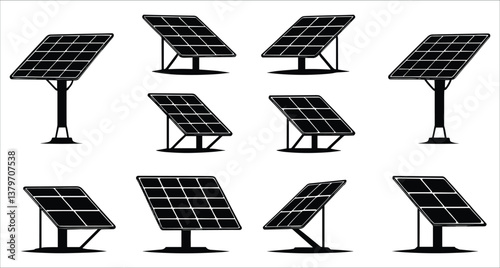 Solar panel silhouettes vector art. Black silhouettes of solar panels vector icons. Solar panel silhouettes icons for eco energy power. Vector solar panel silhouettes for renewable energy