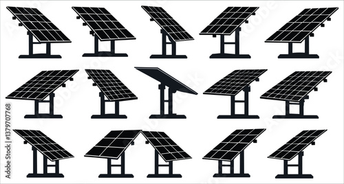 Solar panel silhouettes vector art. Black silhouettes of solar panels vector icons. Solar panel silhouettes icons for eco energy power. Vector solar panel silhouettes for renewable energy