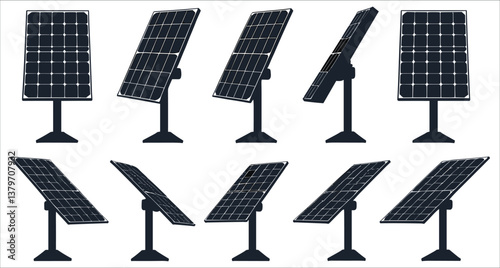 Eco energy solar panel silhouettes. Black solar panel silhouettes vector set for renewable energy. Black solar panels silhouettes icons vector. Renewable energy solar panel silhouettes