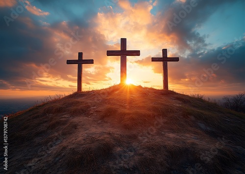 Three crosses sunset hilltop.