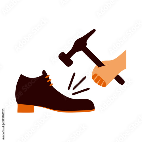Shoe repair with hammer and hand on white background  