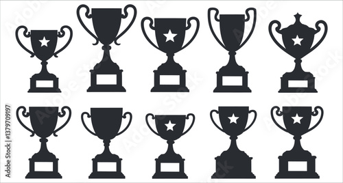 Set of black trophy silhouettes icon vector. Black trophy silhouettes collection. Award trophy cup silhouettes vector set. Collection of championship trophy silhouettes vector design