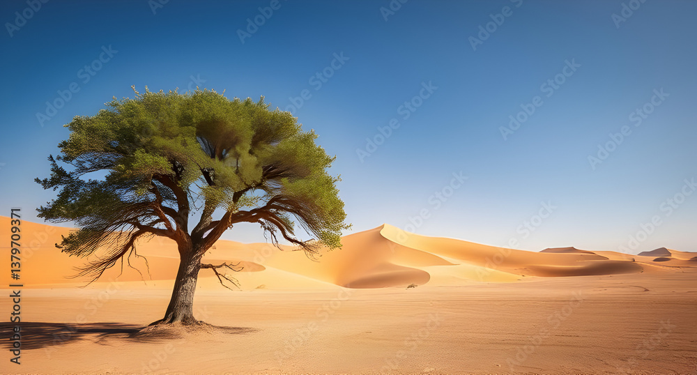 Fototapeta premium Ancient Argan Tree in the Moroccan Desert with Golden Sand Dunes