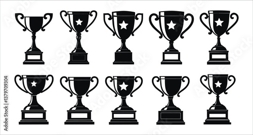 Set of black trophy silhouettes icon vector. Black trophy silhouettes collection. Award trophy cup silhouettes vector set. Collection of championship trophy silhouettes vector design
