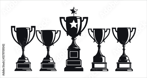 Set of black trophy silhouettes icon vector. Black trophy silhouettes collection. Award trophy cup silhouettes vector set. Collection of championship trophy silhouettes vector design