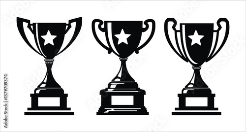 Set of black trophy silhouettes icon vector. Black trophy silhouettes collection. Award trophy cup silhouettes vector set. Collection of championship trophy silhouettes vector design