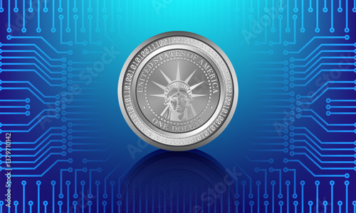 Vector round metal silver coin of one US digital dollar with head of statue. Virtual American cryptocurrency. High tech computer and finance banking internet technology.