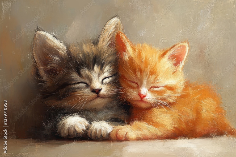 Obraz premium Two adorable kittens resting side by side in a cozy environment on a soft surface