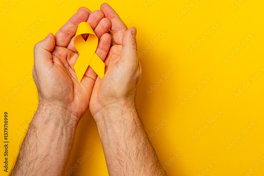 Holding hope with a yellow ribbon for cancer awareness and support Holding hope with a yellow ribbon for cancer awareness and support