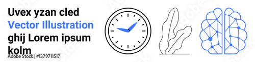 Clock with blue hands and minimal style, abstract leaf plant, neural brain network pattern for concepts of time, nature, technology, productivity, creativity, science, and a simple landing page