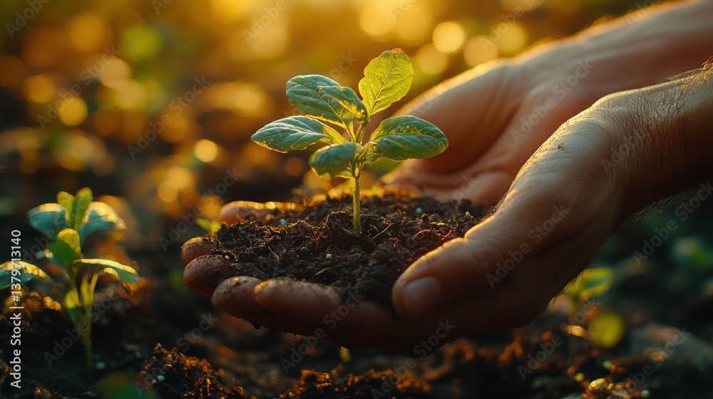 Fototapeta premium Nurturing New Life: Hands Holding Seedling. Generative AI