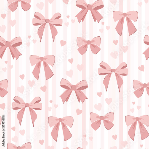 wedding bow seamless pattern with pink, peach bows and silk ribbons. symbol of the fight against breast cancer, femininity, happy birthday seamless pattern, heart and check, celebration, party