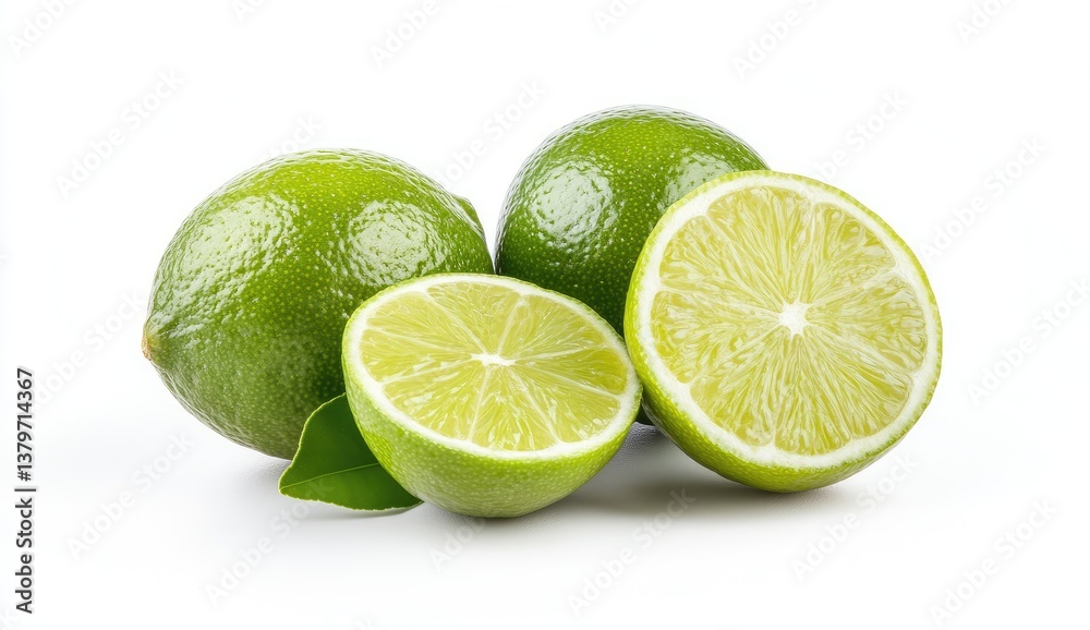 Fresh limes, whole and sliced, on white background Fresh limes, whole and sliced, on white background