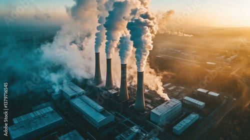 Aerial View of Industrial Pollution at Sunset:  A Stunning but Concerning Image of Environmental Impact