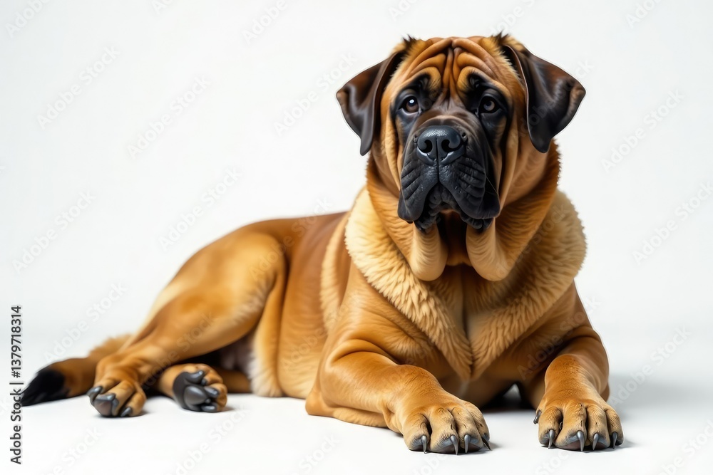 Obraz premium Imposing Mastiff, relaxed posture, pure white backdrop, animal photography, relaxed
