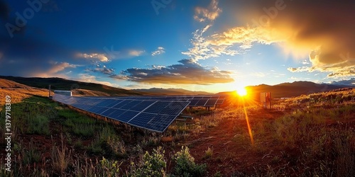 A serene sunset view of a solar power station, promoting sustainable energy solutions.