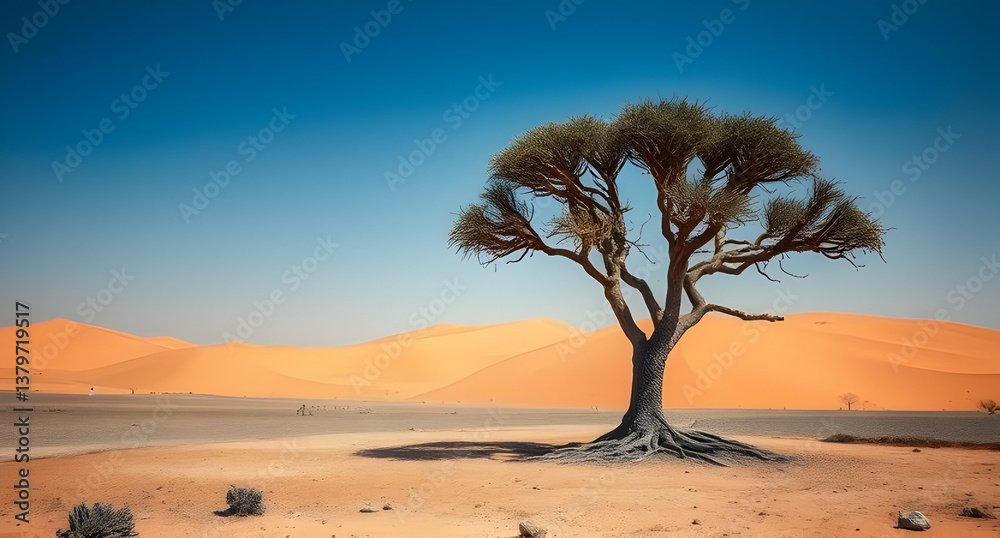 Ancient Argan Tree in the Moroccan Desert with Golden Sand Dunes