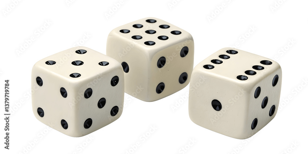 Three White Dice on png Background Representing Chance and Gaming Three White Dice on png Background Representing Chance and Gaming