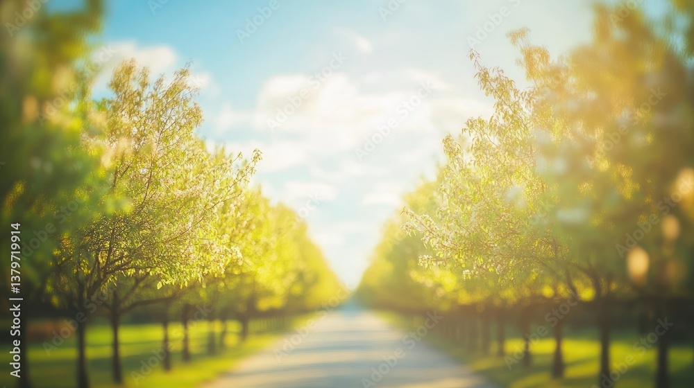 Sunlit path lined with blossoming trees on a bright, spring day. Sunlit path lined with blossoming trees on a bright, spring day.