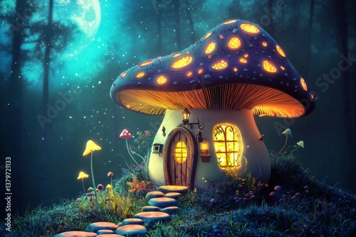 Captivating illustration of a fantasy dwelling crafted from mushrooms.