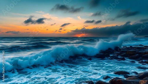sunset over the ocean with waves crashing on the rocks