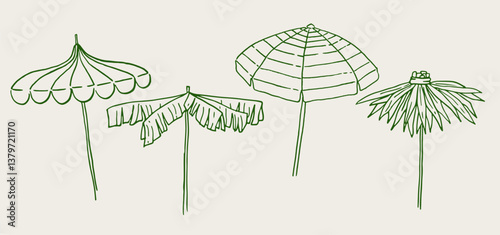 Set of various beach umbrellas. Tropical palm tree leaves parasols. Hand drawn ink vector illustration. Elements for poster, social media, banners, invitation. Trendy coastal summer sketch template.  