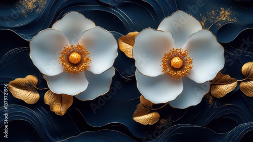 Two White Flowers with Gold Centers on Dark Background. Generative AI