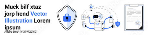 Robot managing security tasks with lock inside shield, document validation, and data flow. Ideal for cybersecurity, AI, technology, privacy, authentication, automation and flat landing page banner