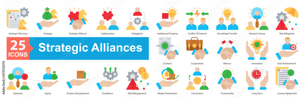 Fototapeta premium Strategic Aliances Icon sheet vector strategic planning, strategy, strategic alliance, collaborative, delegation, intellectual property, conflict of interest, knowledge transfer, research group, risk 