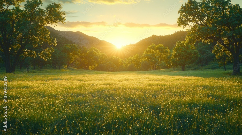 Obraz premium Sunrise meadow, lush trees, valley, serene landscape