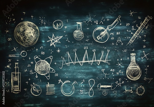 Scientific chalkboard with physics and chemistry equations, diagrams, and laboratory glassware icons.