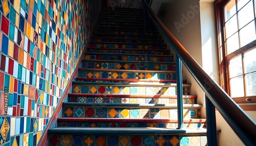 set of stairs with colorful tiles on them