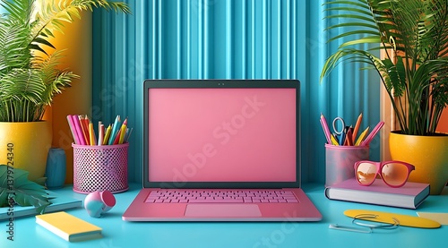 Vibrant Workspace: Pink Laptop, Stationery, and Tropical Plants Against Blue Backdrop