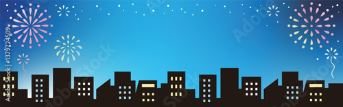 バナー　広告　夏　お祭り　花火　花火大会　夜景　建物　シルエット　背景　フレーム　壁紙　イラスト素材