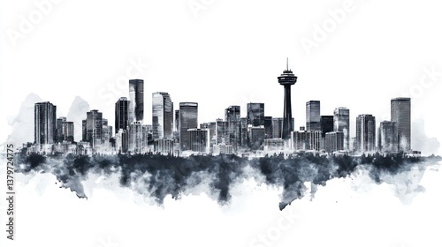 Calgary Skyline Watercolor Impression: A Stunning Monochrome Cityscape