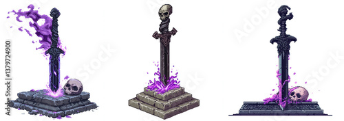 8 bit  Pixel Art Cursed Obsidian Sword with Skull Hilt and Purple Dark Magic Aura, Isolated on Transparent Background